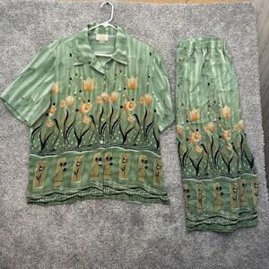 Vintage Voir Collection Skirt Shirt Set Womens 2XL Green Tulip Boho Artsy 90s